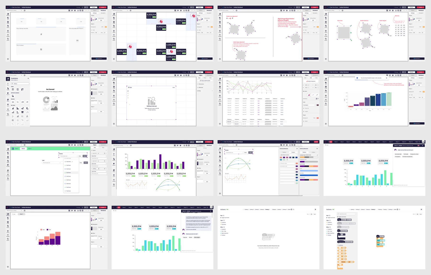 Sixteen screens of the Astrato workbook editor arranged in a grid