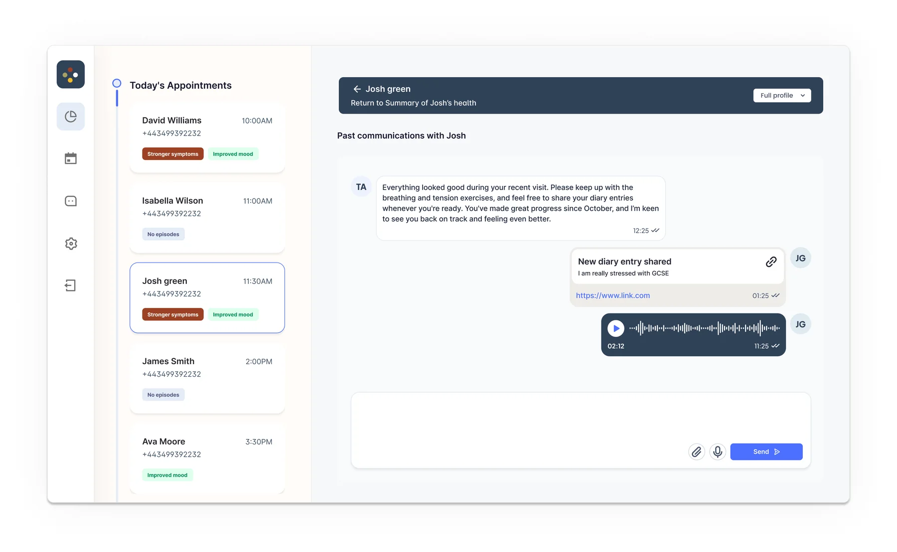 Clinician dashboard: today's appointments, patient thread with a shared diary entry and voice note