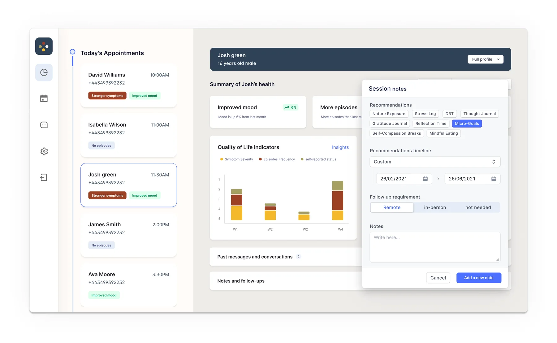 Clinician dashboard session notes view